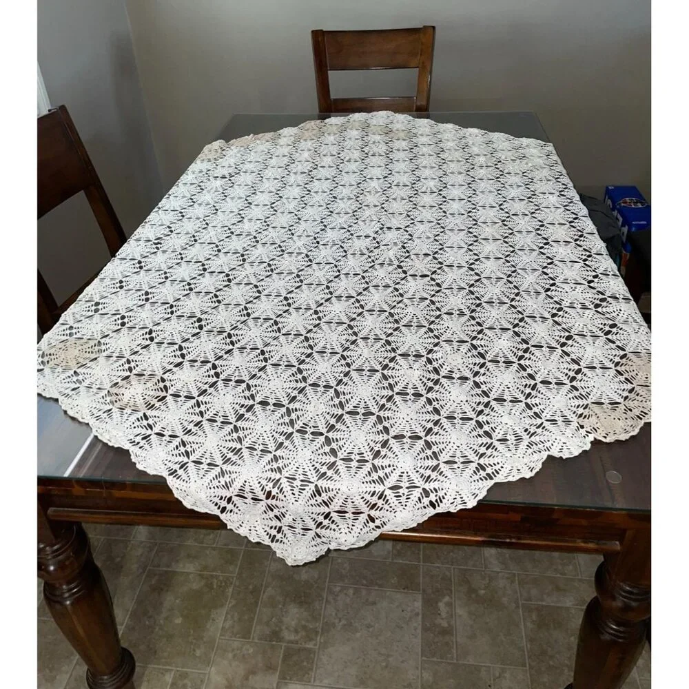Vintage Handmade Crochet Tablecloth Used Cream Tan
